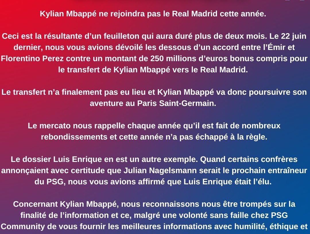 PSG Community Disculpas por Información sobre Mbappé